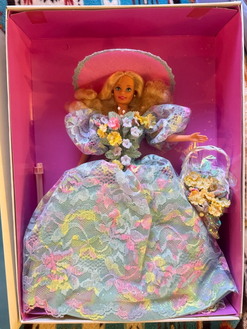 Barbie Pastel Floral Lace Gown Doll Pink Hat Blue Dress